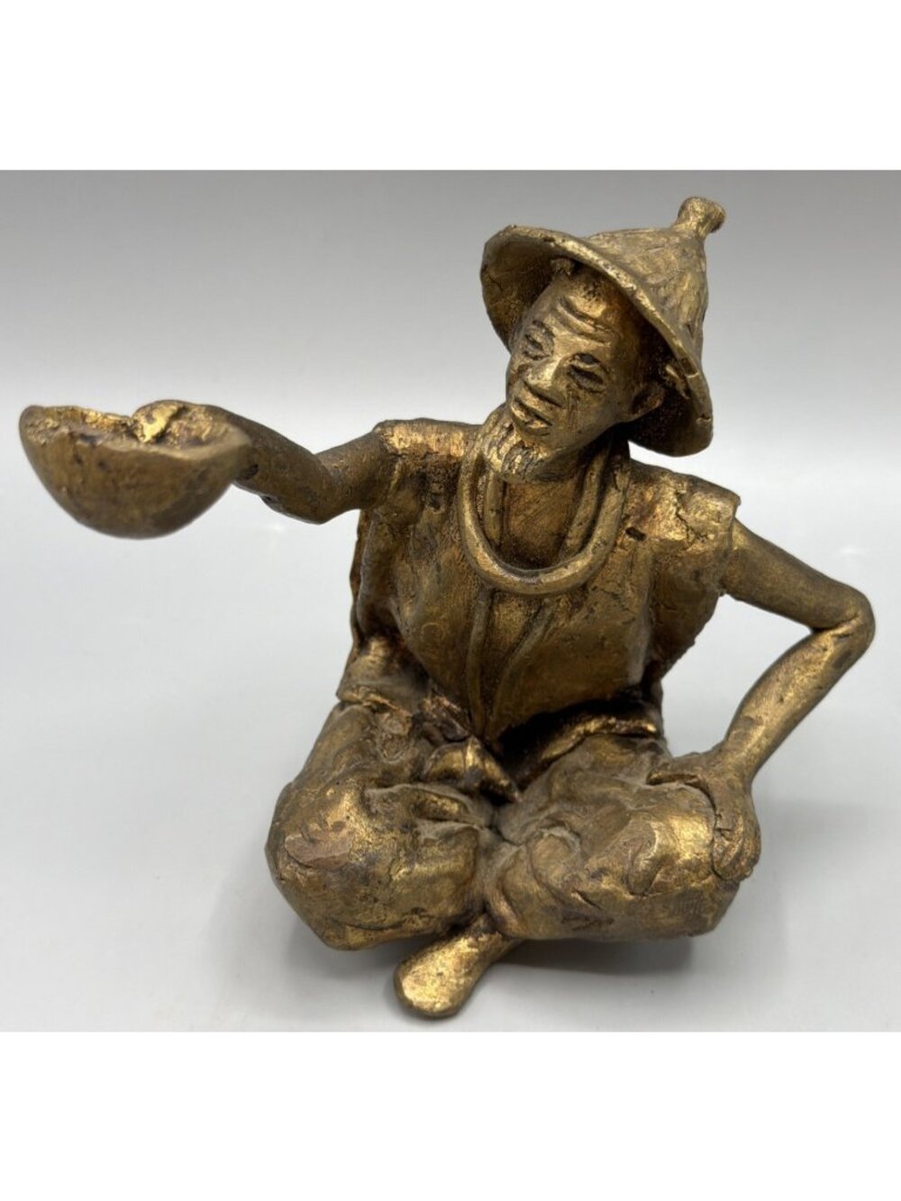 Vintage Solid Brass Asian Man Sitting Holding Bowl 5” MCM Cultural Art